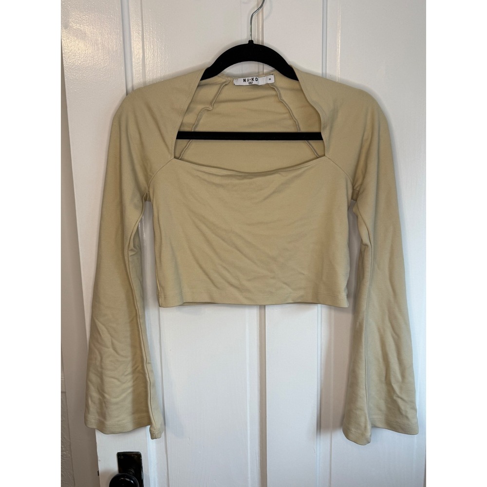 NA-KD Square Neck Trumpet Sleeve Top Beige Tan Crop Flared Long Sleeve Medium